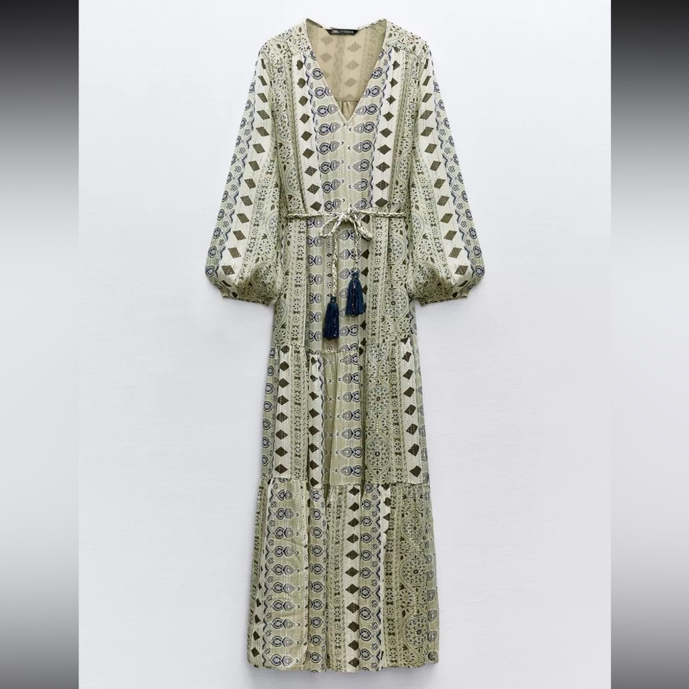 ZARA METALLIC THREAD LONG BOHO DRESS - Picture 3 of 6